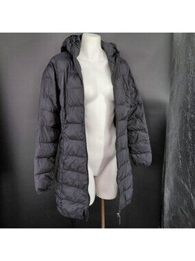 Jacket Coat Womens Medium Black Hooded Puffer Zip Pockets Thin Warm Packable